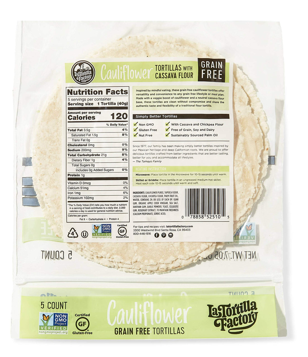 La Tortilla Factory cauliflower tortilla closeup shows light, flexible texture for wraps.