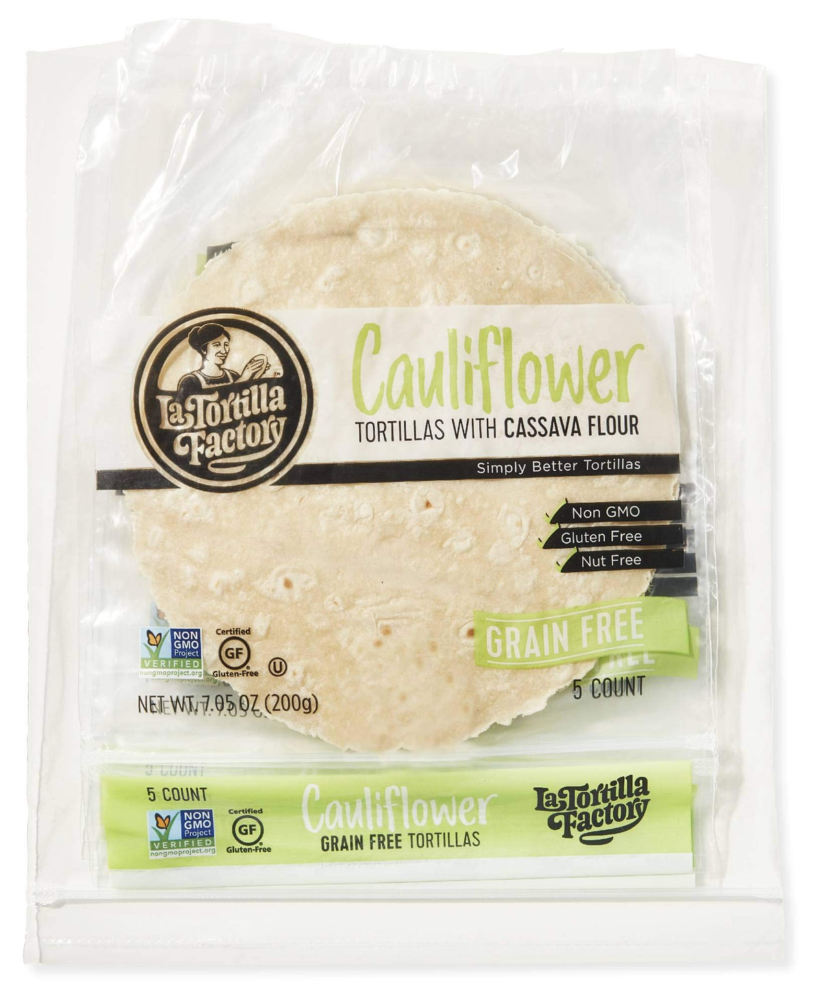 La Tortilla Factory cauliflower tortillas pack back view, great for prep and storage.