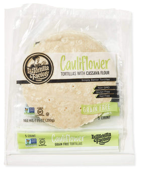 La Tortilla Factory cauliflower tortillas pack back view, great for prep and storage.