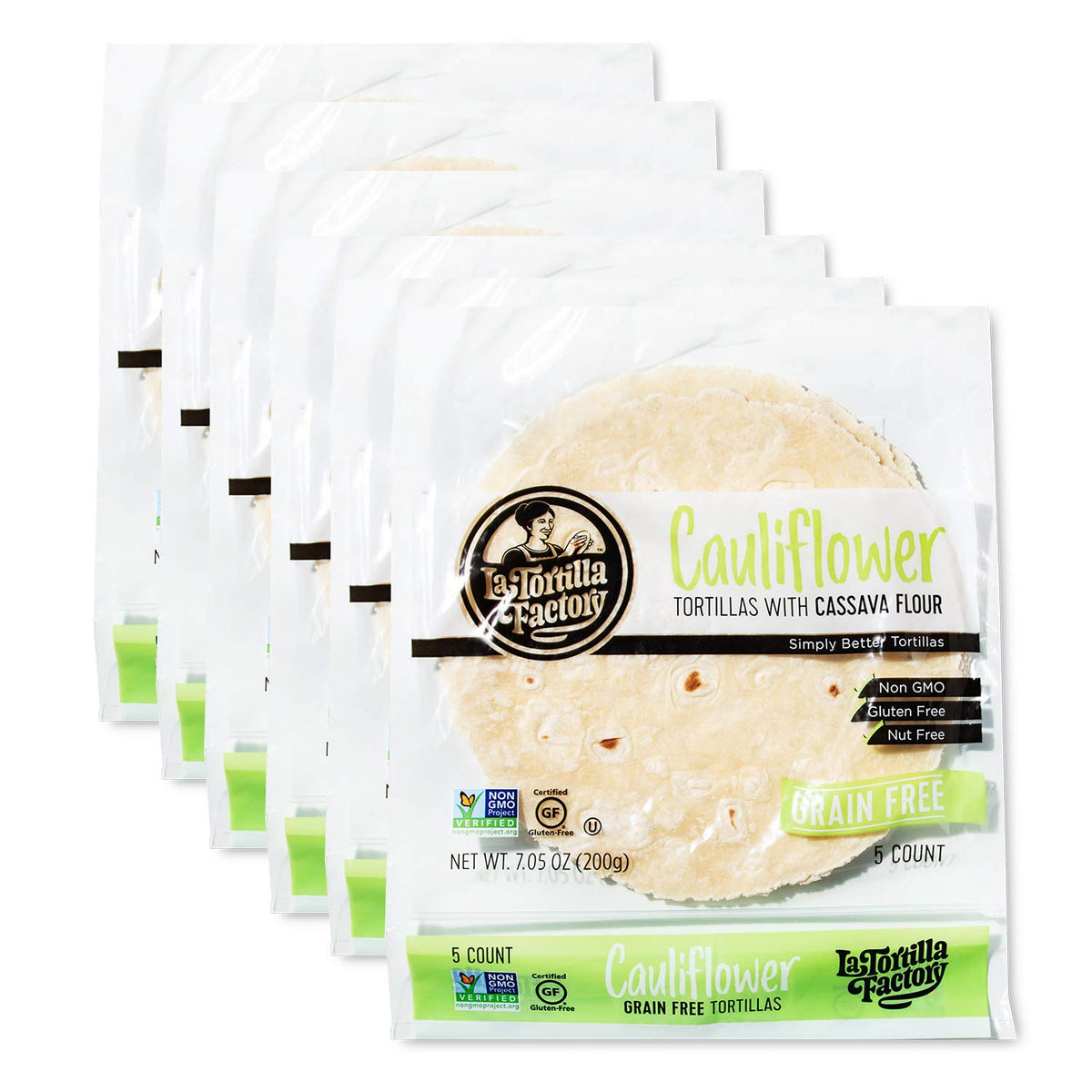 La Tortilla Factory cauliflower tortillas pack front view, grain-free and versatile for meals.