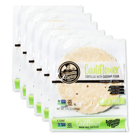 La Tortilla Factory cauliflower tortillas pack front view, grain-free and versatile for meals.