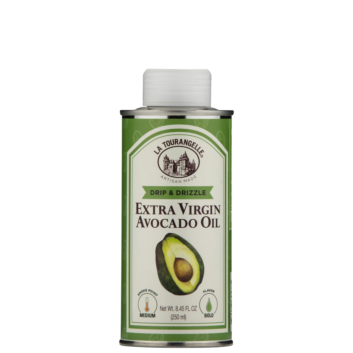 La Tourangelle avocado oil bottle closeup reveals premium color and texture for cooking.