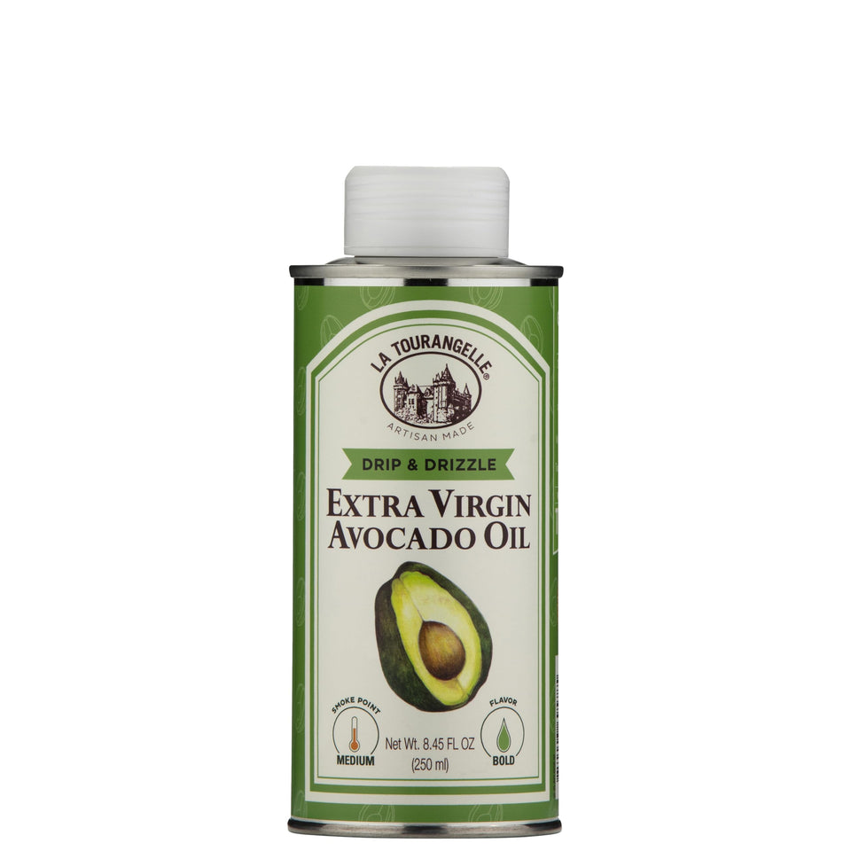 La Tourangelle avocado oil bottle closeup reveals premium color and texture for cooking.