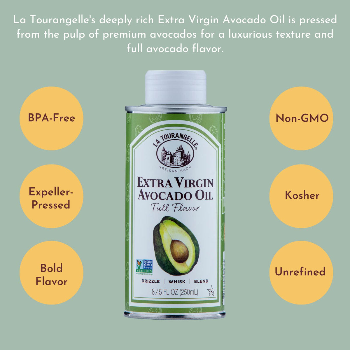 La Tourangelle avocado oil pour over salad, adding bright flavor.