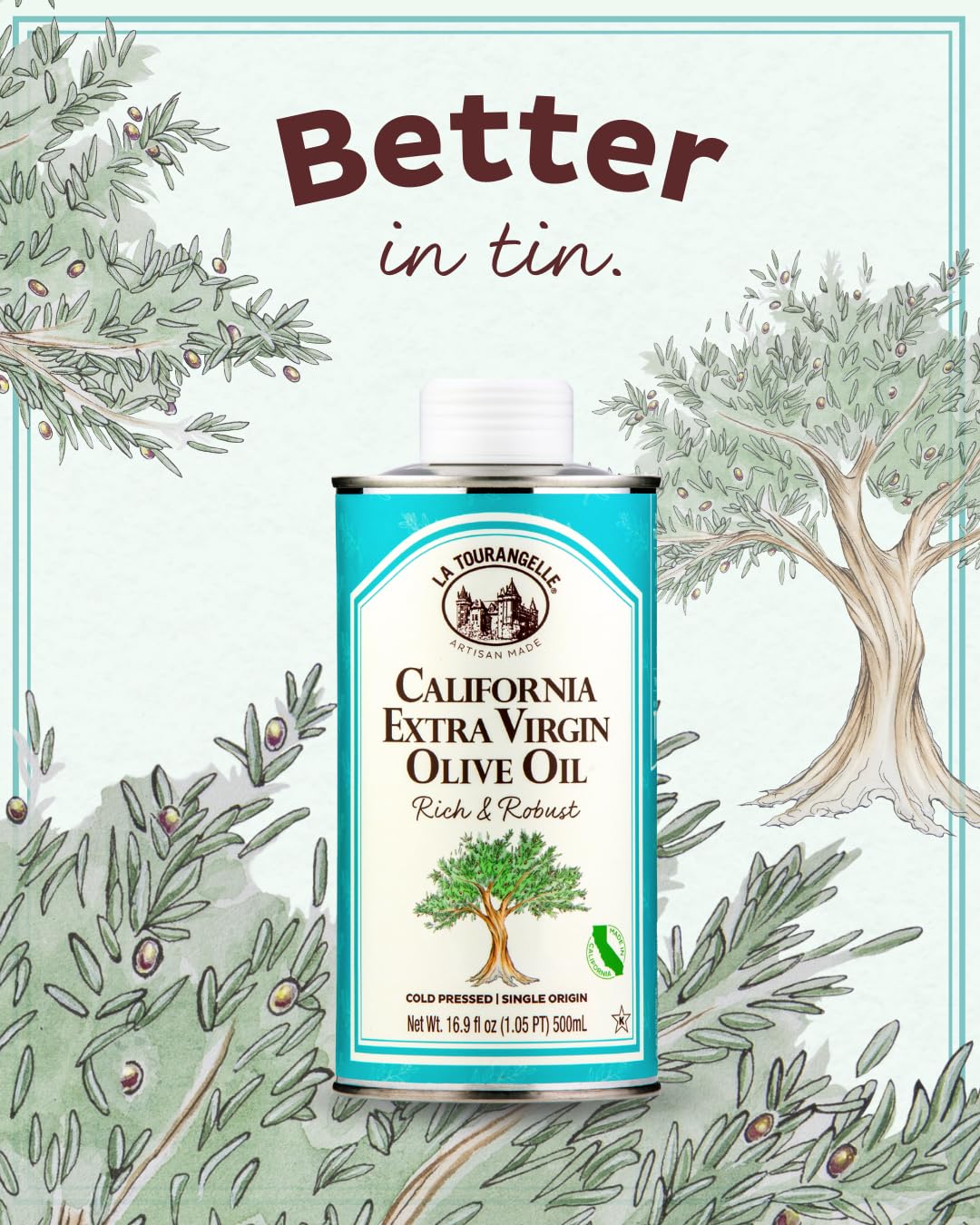 La Tourangelle California olive oil bottle-label detail emphasizes single-origin quality.