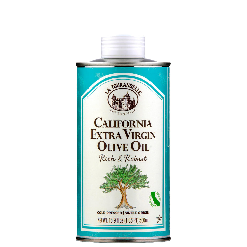 La Tourangelle California olive oil bottle pour highlights premium kitchen versatility.
