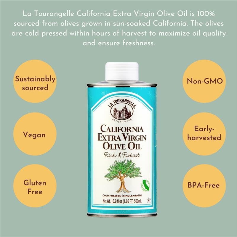 La Tourangelle California olive oil drizzle on salad captures fresh, flavorful finishing touch.