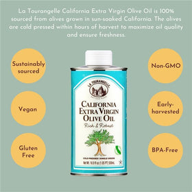 La Tourangelle California olive oil drizzle on salad captures fresh, flavorful finishing touch.