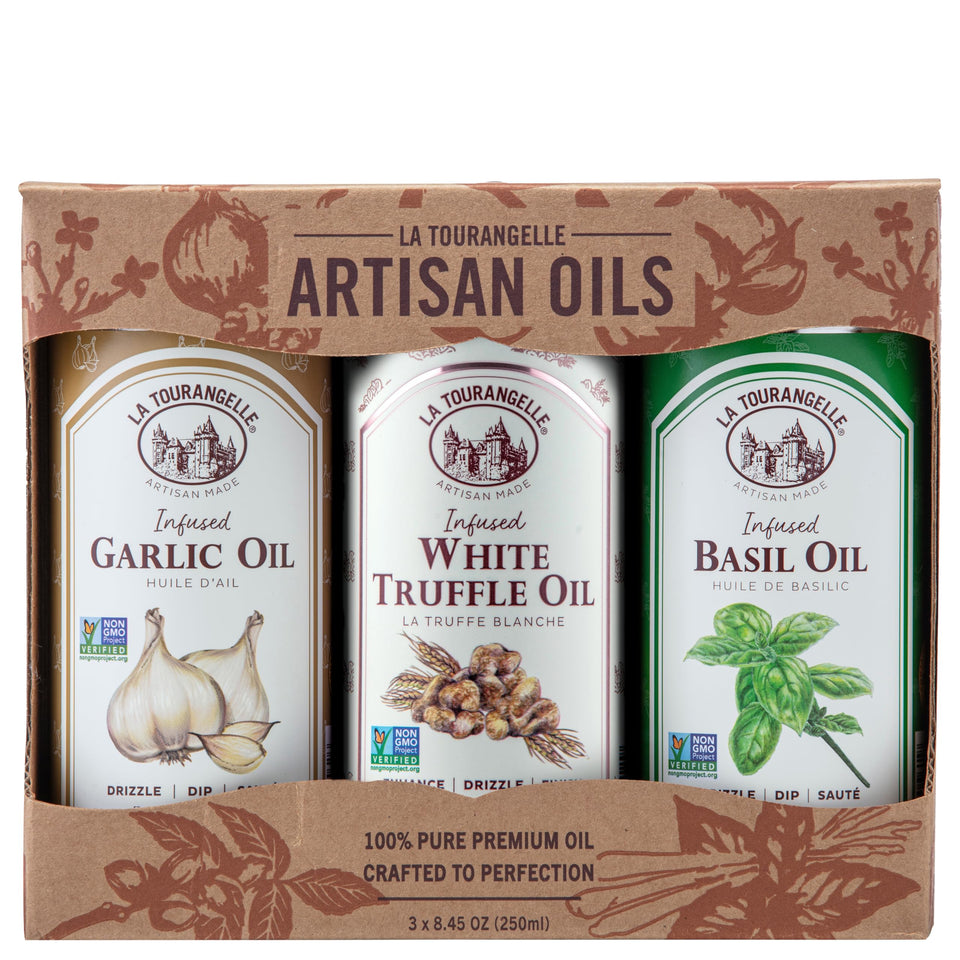 La Tourangelle Basil Infused Oil bottle enhances salads with fresh herb notes