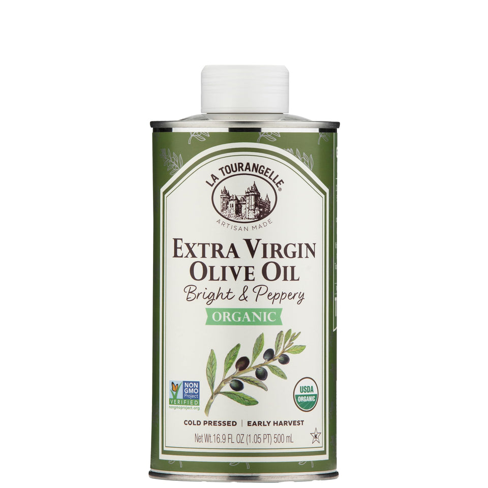 La Tourangelle EVOO bottle pour enhances cooking flavor and finishing dishes.
