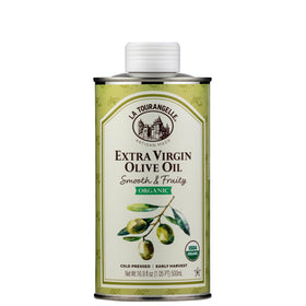 La Tourangelle Organic EVOO bottle pour enhances weeknight meals with bright fruit notes.