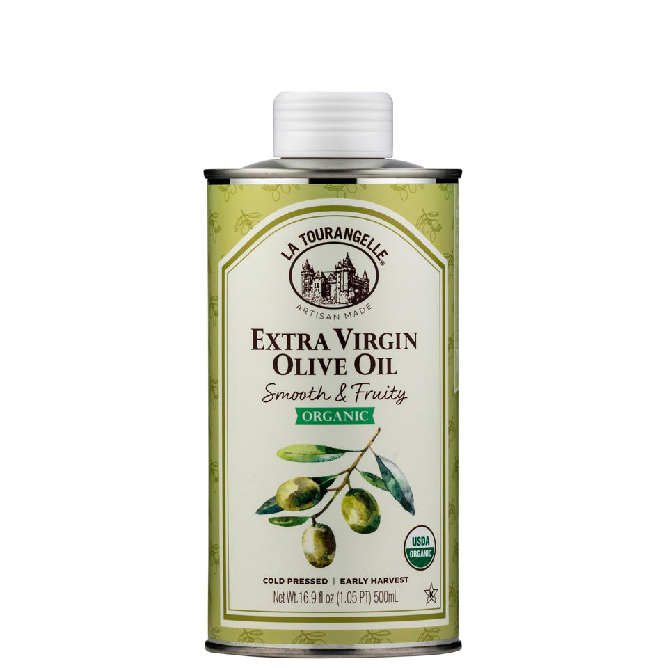 La Tourangelle Organic EVOO bottle pour enhances weeknight meals with bright fruit notes.