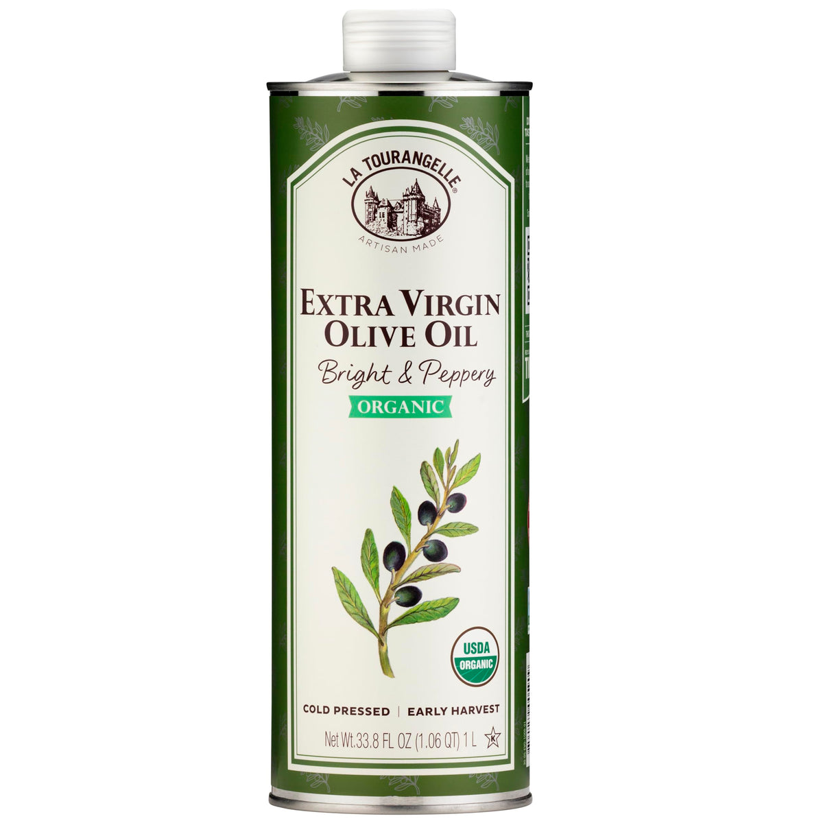 La Tourangelle olive oil bottle pouring shows bright peppery notes for cooking