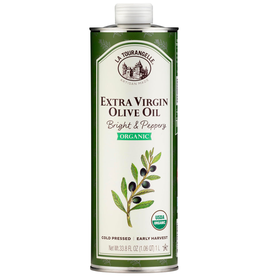 La Tourangelle olive oil bottle pouring shows bright peppery notes for cooking