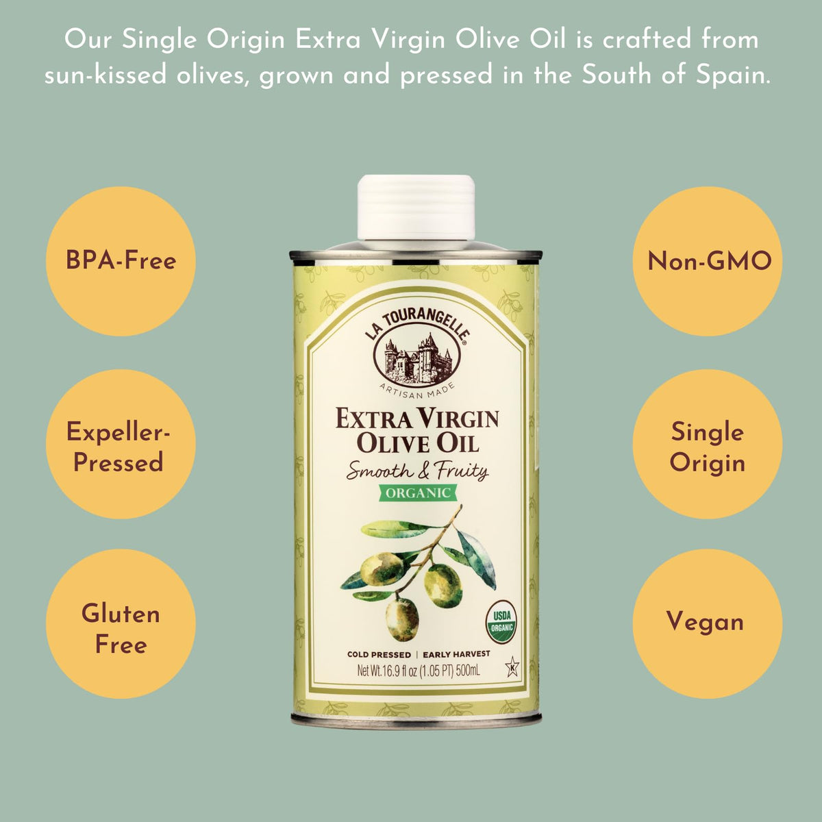 La Tourangelle EVOO drizzle-ready bottle highlights versatile uses for salads and pizzas.