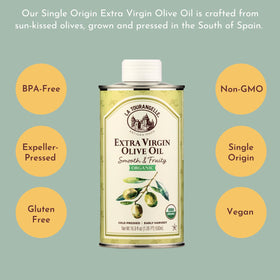 La Tourangelle EVOO drizzle-ready bottle highlights versatile uses for salads and pizzas.