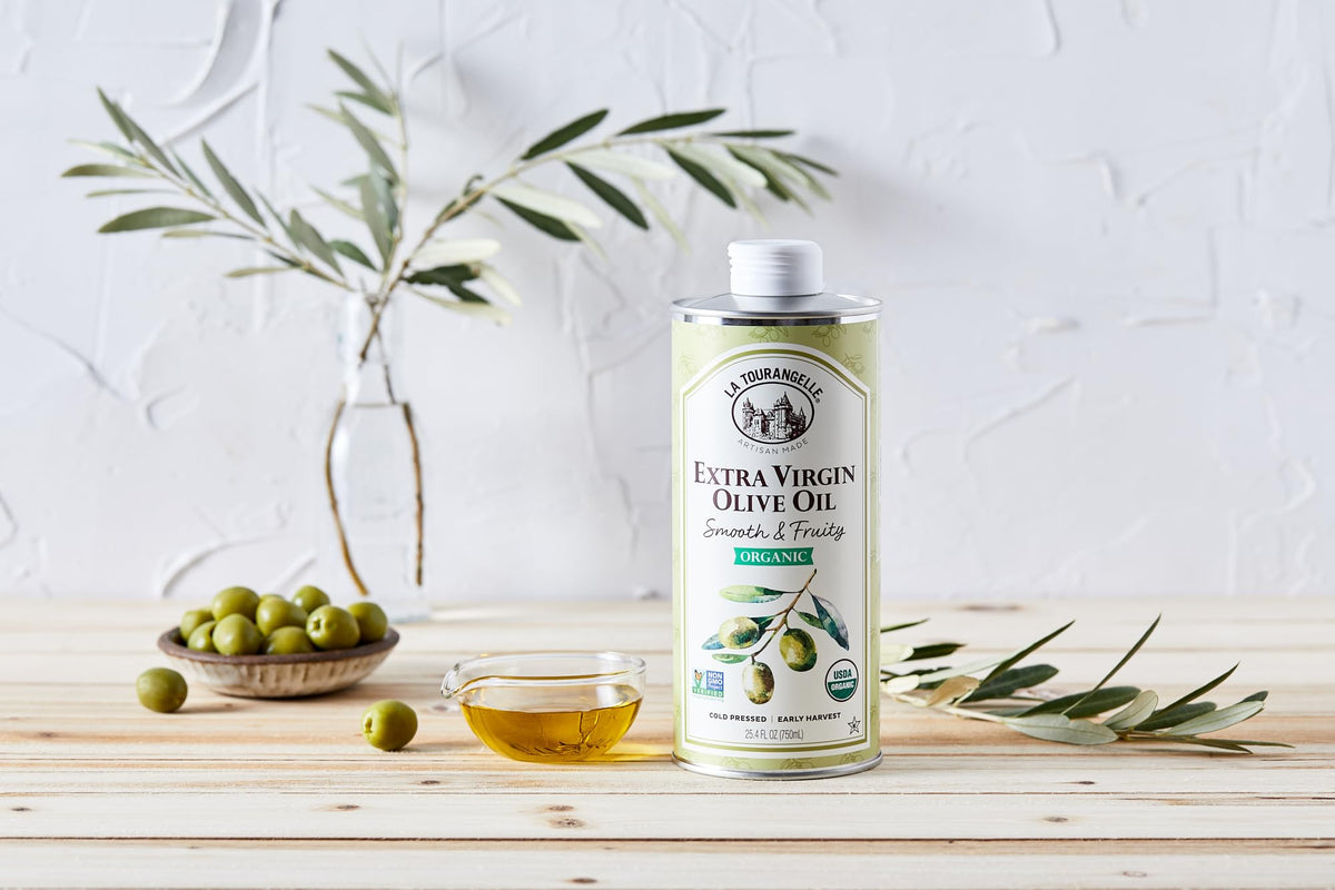 La Tourangelle early harvest olive oil packaging emphasizes sustainability and premium flavor.