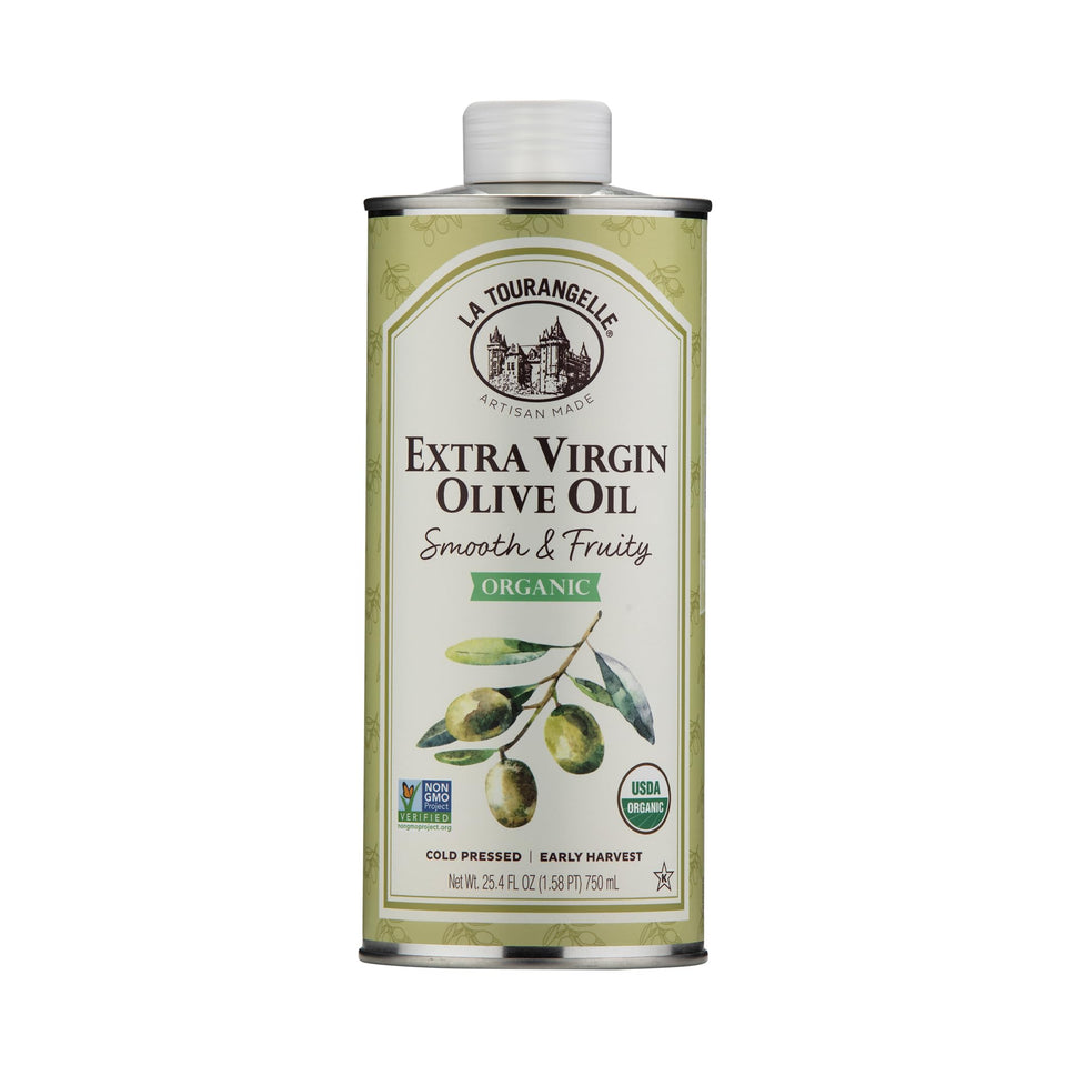 La Tourangelle Organic Extra Virgin Olive Oil bottle with smooth fruity flavor for everyday cooking.