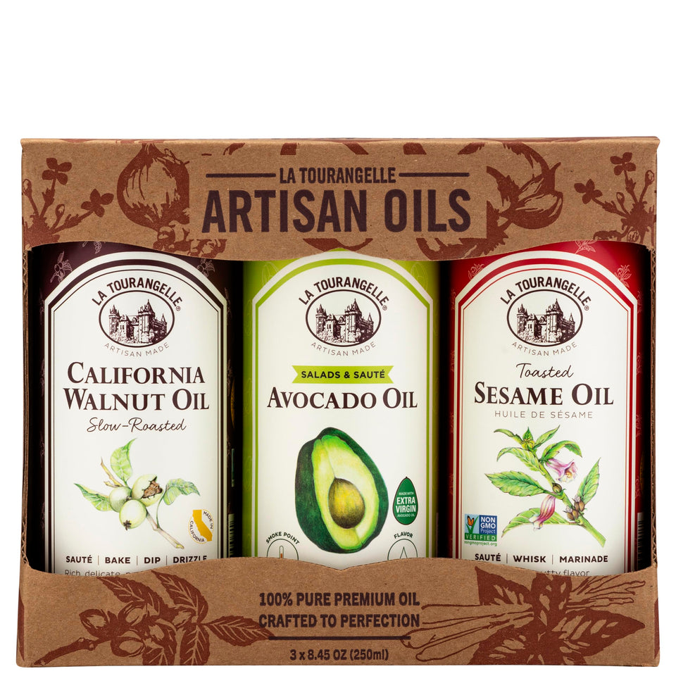 La Tourangelle roasted walnut oil bottle adds nutty depth to salads.