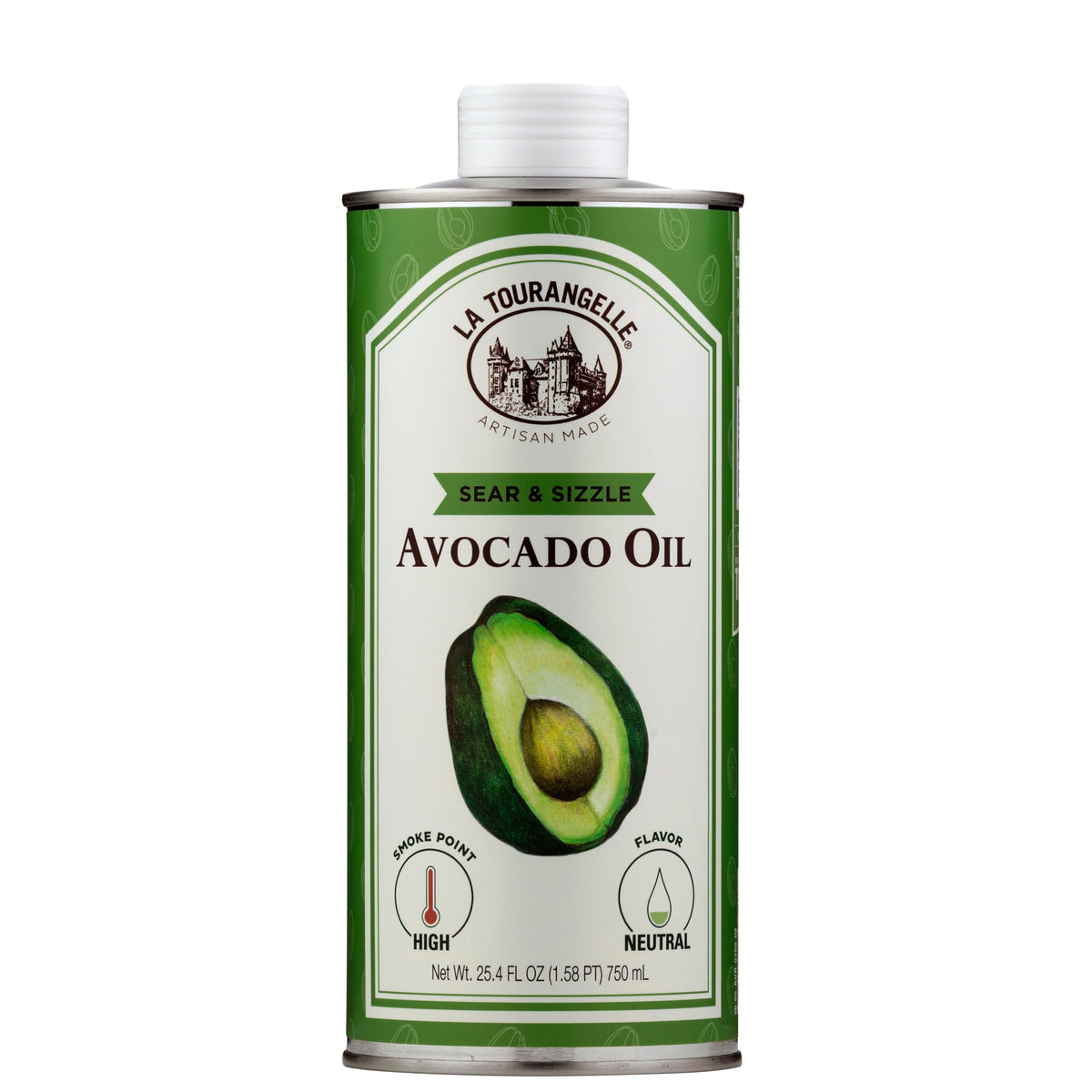 La Tourangelle Sear & Sizzle Avocado Oil bottle pour, ideal for high-heat searing and quick frying.