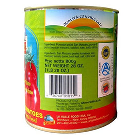 La Valle San Marzano peeled tomatoes close-up label, perfect for robust tomato bases and slow simmer recipes.