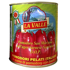 La Valle San Marzano peeled tomatoes 6-pack front view, ideal for rich sauces and pantry staple.