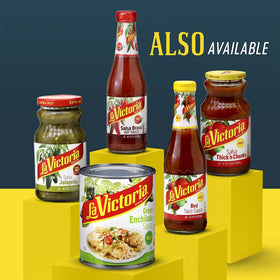La Victoria Green Enchilada Sauce label highlights gluten-free and kosher benefits.