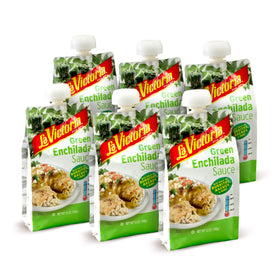La Victoria Green Enchilada Sauce pouch front view showing gluten-free and kosher certification.