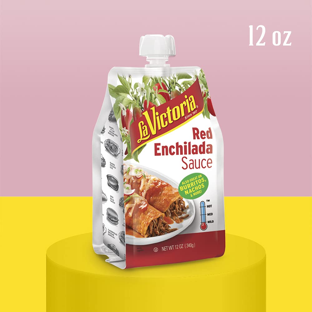 La Victoria enchilada sauce on burrito wrap delivers flavorful drizzle without overpowering heat.