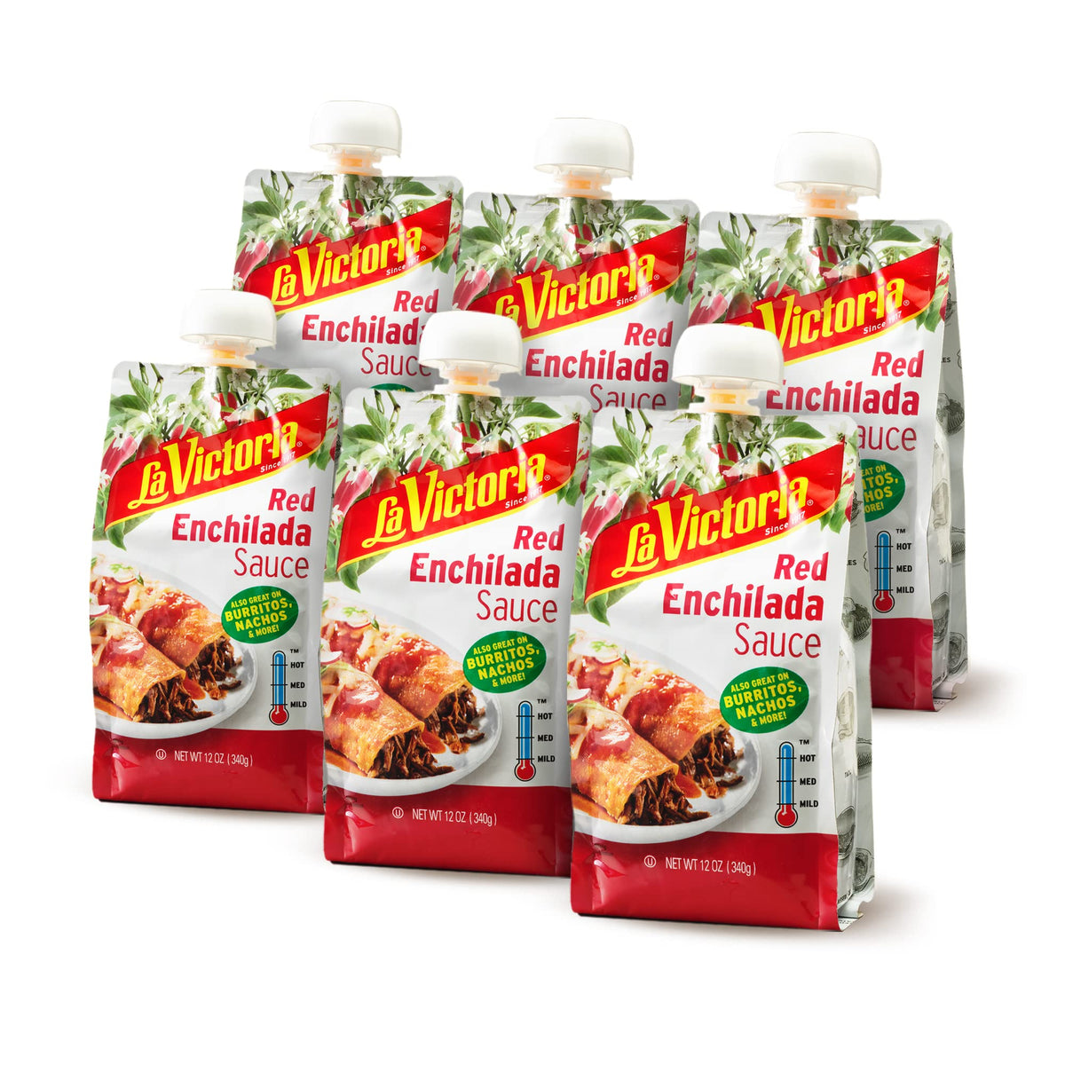 La Victoria Red Enchilada Sauce pouch packaging highlights mild flavor for everyday enchiladas.