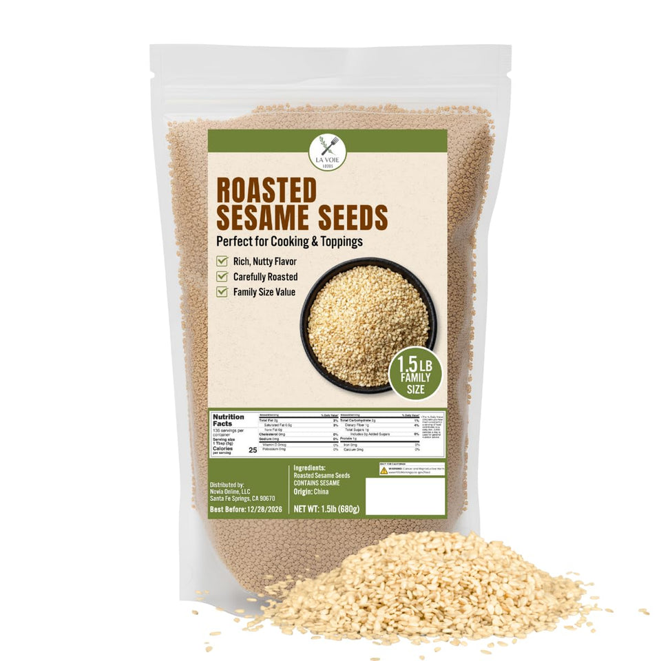 LA VOIE FOODS roasted sesame seeds in a resealable pouch for fresh flavor.