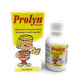 Prolyn for Kids syrup dosing cup beside bottle for clear dosing guidance