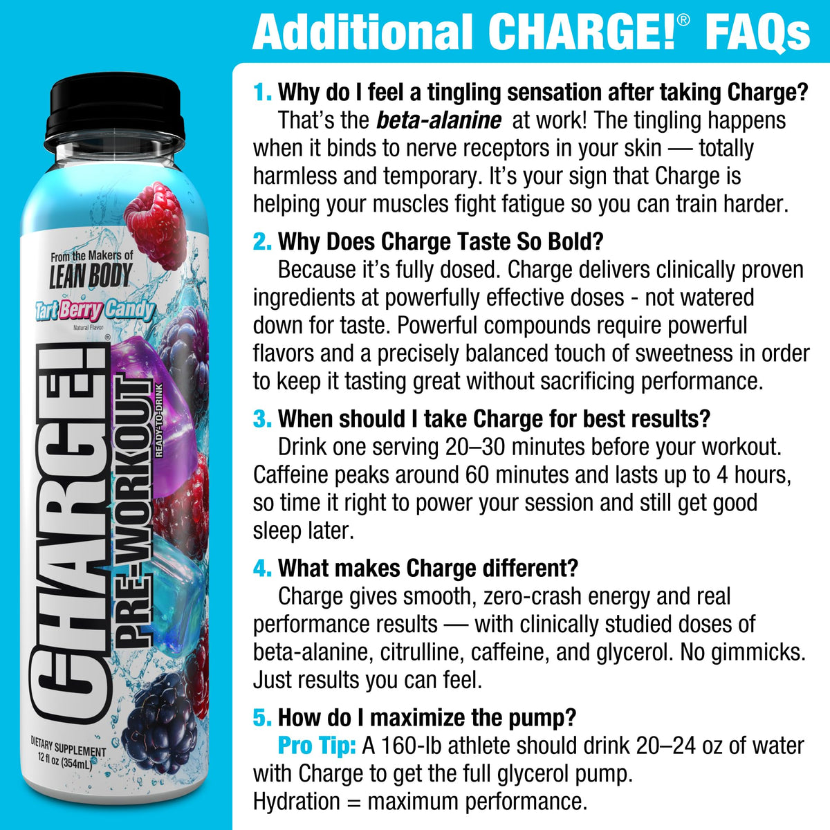 Labrada Charge Tart Berry Candy bottle pouring into glass for quick focus