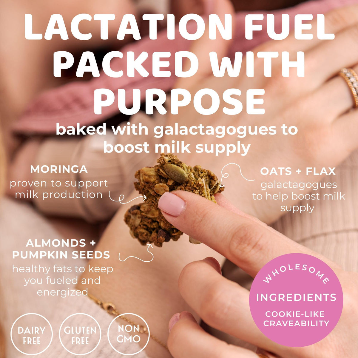 Lacnola ingredients include oats, flax, moringa, pumpkin seeds and almonds.