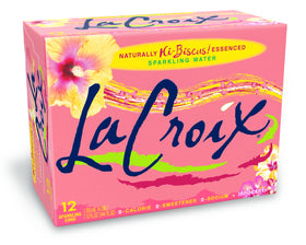 LaCroix Hi-Biscus bottle pouring into a glass, calorie-free refreshment.
