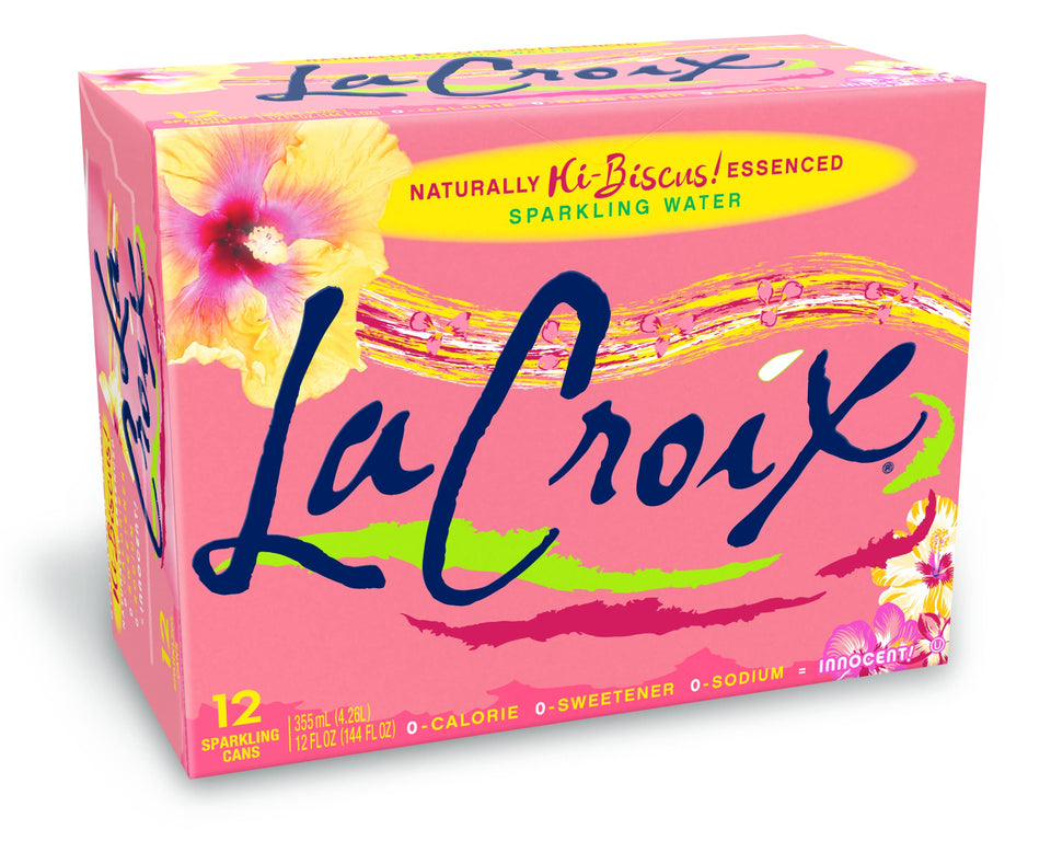 LaCroix Hi-Biscus bottle pouring into a glass, calorie-free refreshment.