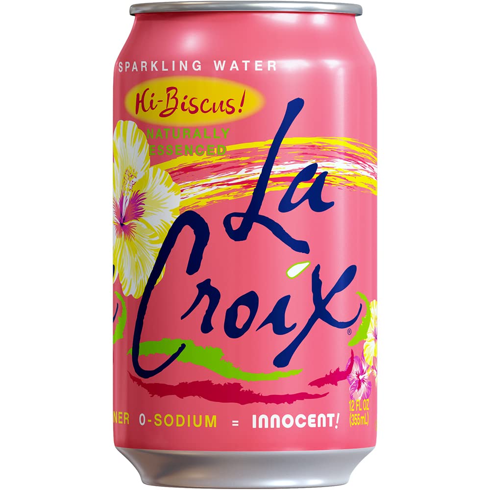 LaCroix Hi-Biscus cans close-up, highlighting natural essence aroma and zero sweeteners.