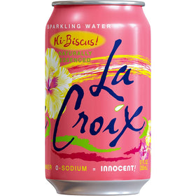 LaCroix Hi-Biscus cans close-up, highlighting natural essence aroma and zero sweeteners.