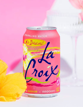 LaCroix Hi-Biscus label closeup, recyclable can and BPA-free packaging.