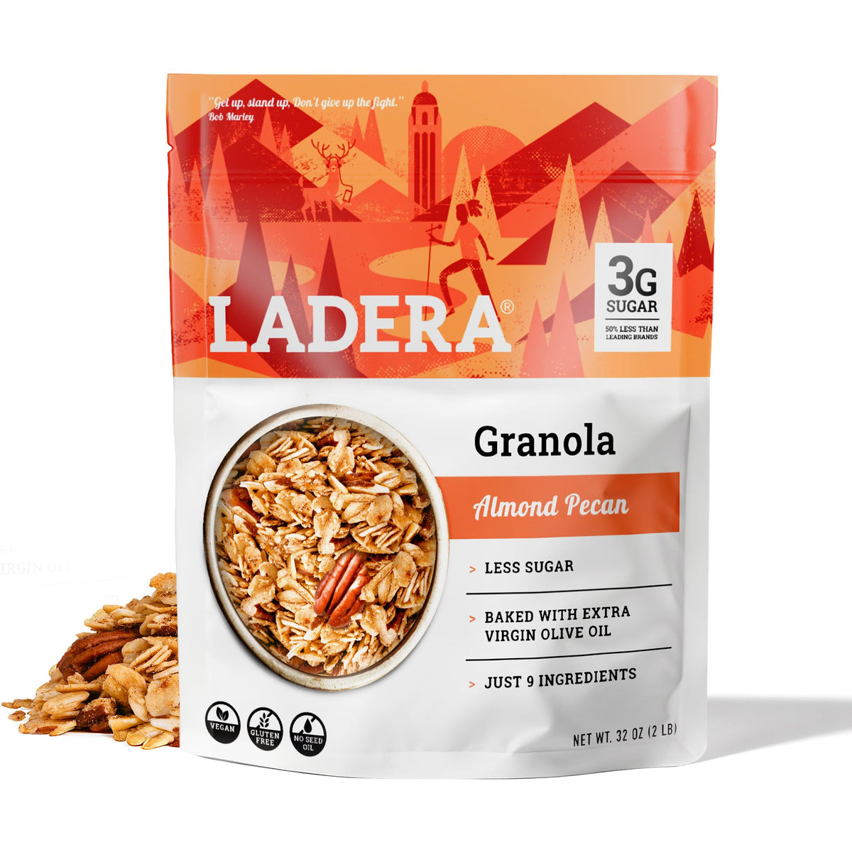 LADERA Almond Pecan Granola bag showcasing wholesome ingredients for a satisfying breakfast.