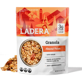 LADERA Almond Pecan Granola bag showcasing wholesome ingredients for a satisfying breakfast.