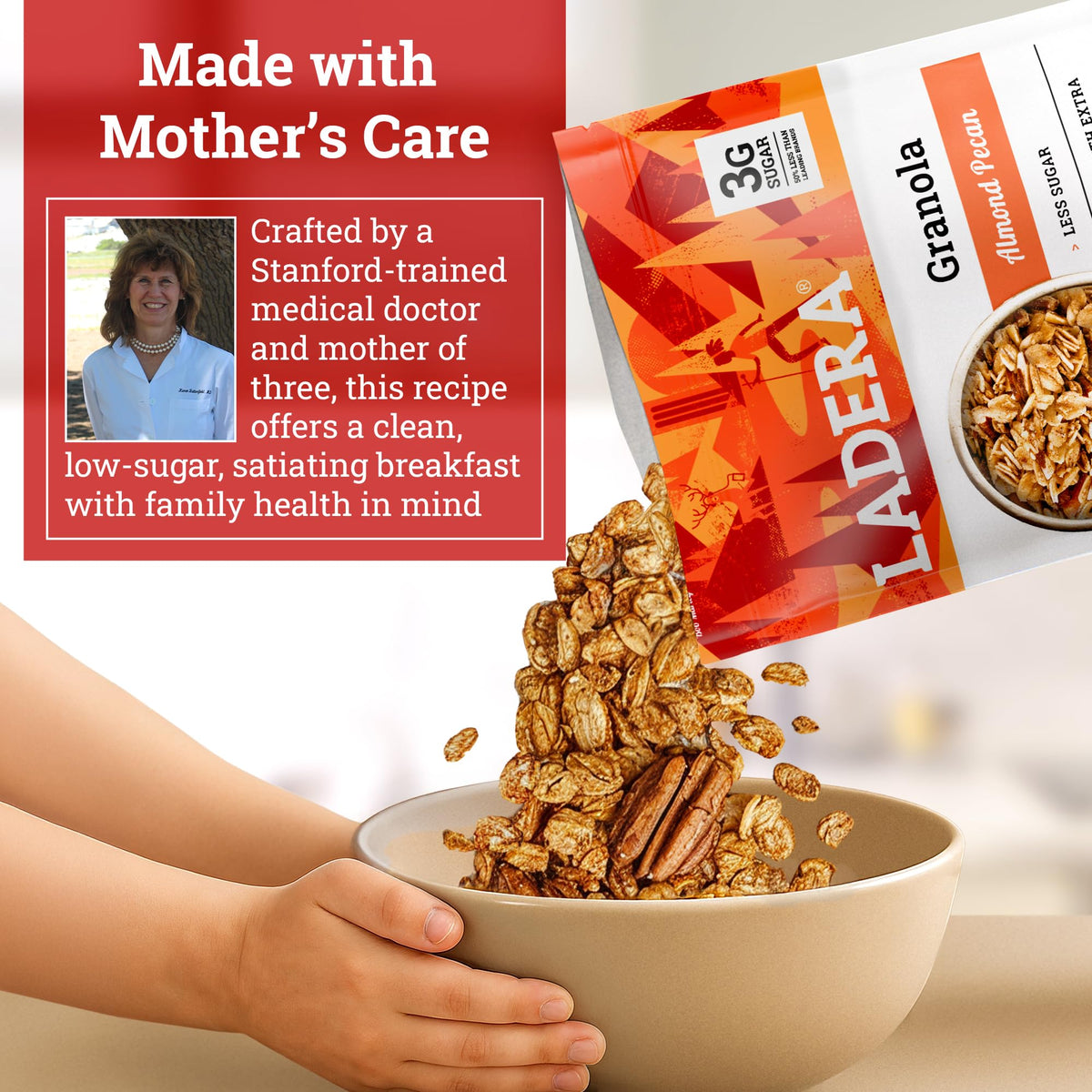 LADERA granola pouring close-up highlights caramelized nuts and low sugar.