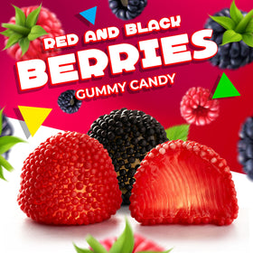 LAETAFOOD berry gummies close-up, chewy centers and nonpareils enhance texture.