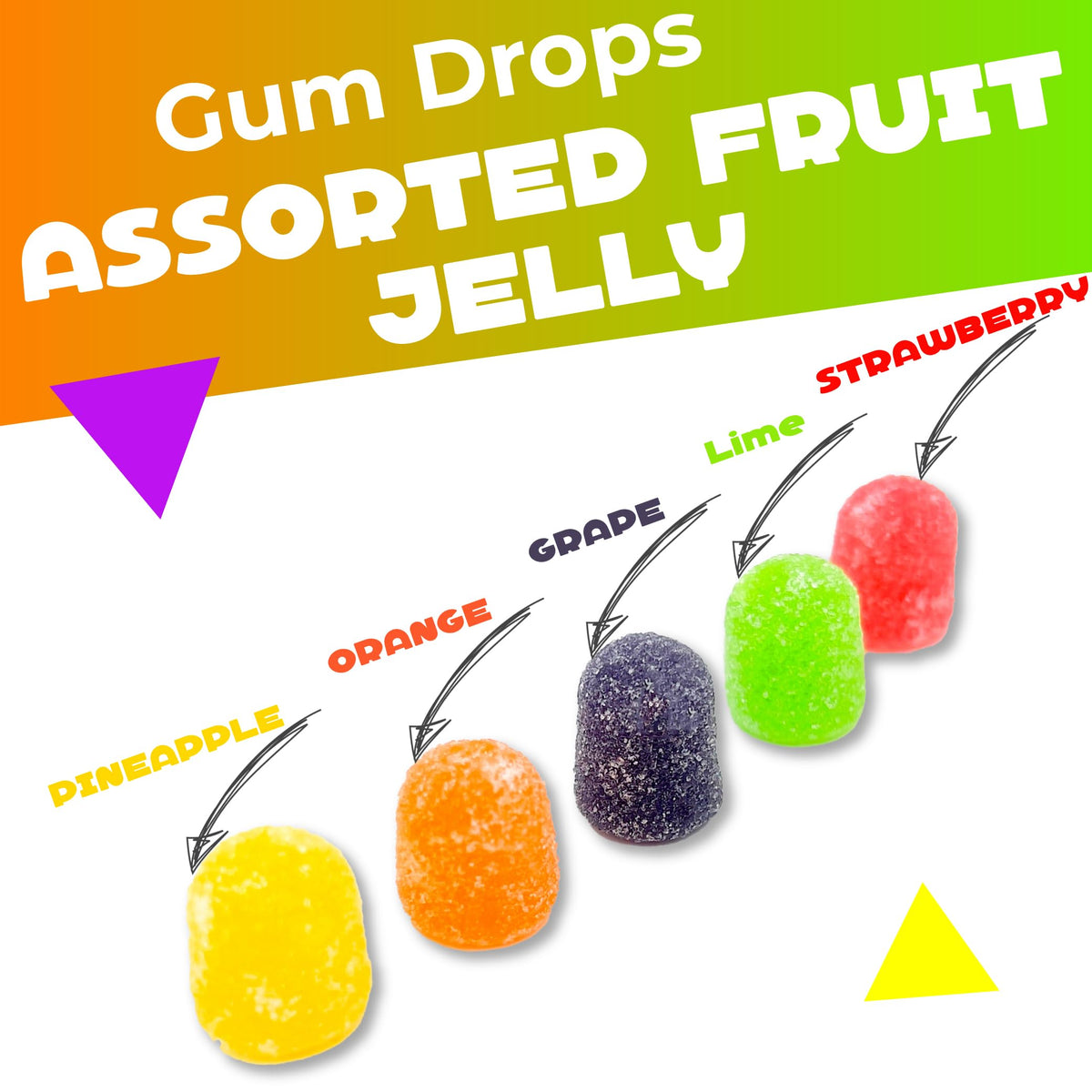 LAETAFOOD Gum Drops assorted flavors; colorful, chewy treats ideal for dessert decorations.