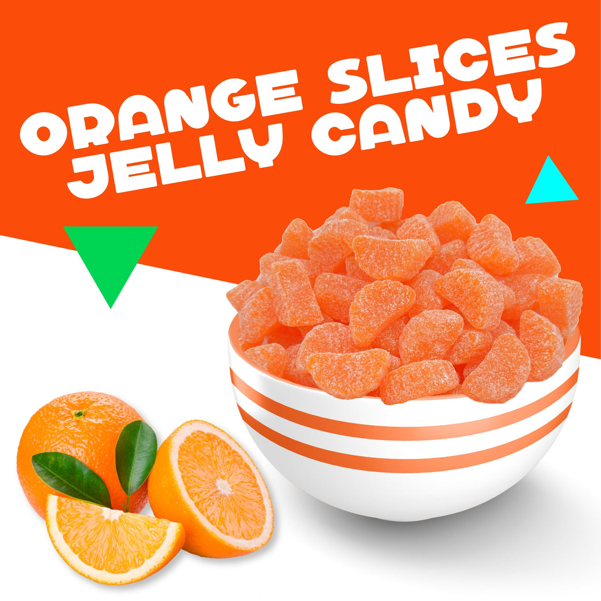 LAETAFOOD orange slices in a candy bowl, ideal for gatherings.