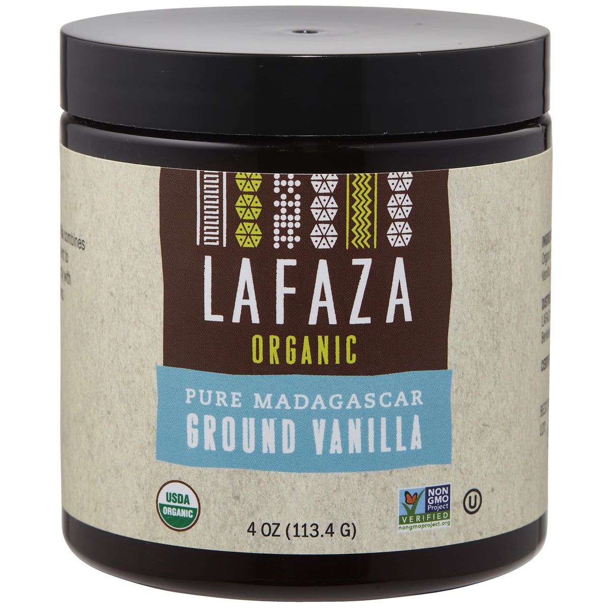 LAFAZA Madagascar Bourbon vanilla powder jar highlighting pure vanilla for rich baking.