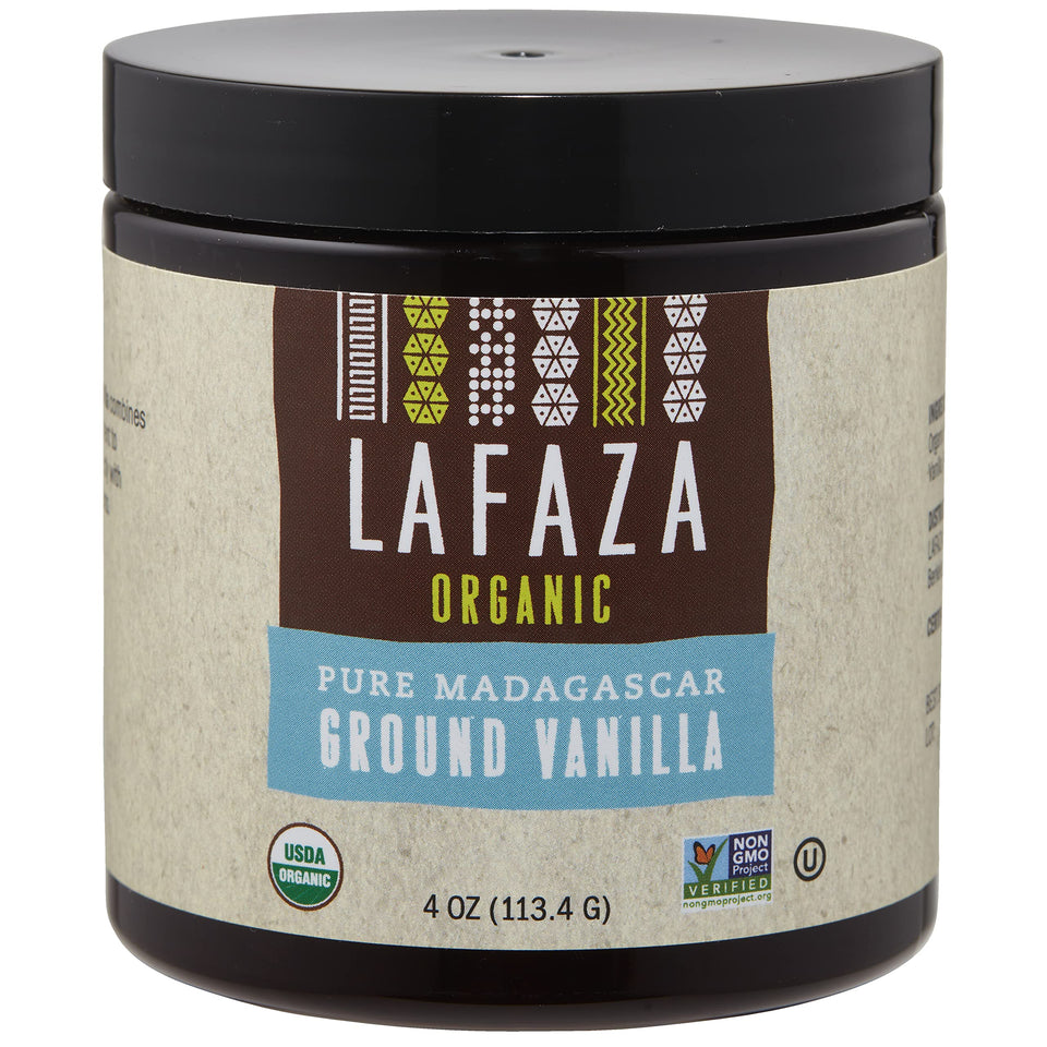 LAFAZA Madagascar Bourbon vanilla powder jar highlighting pure vanilla for rich baking.