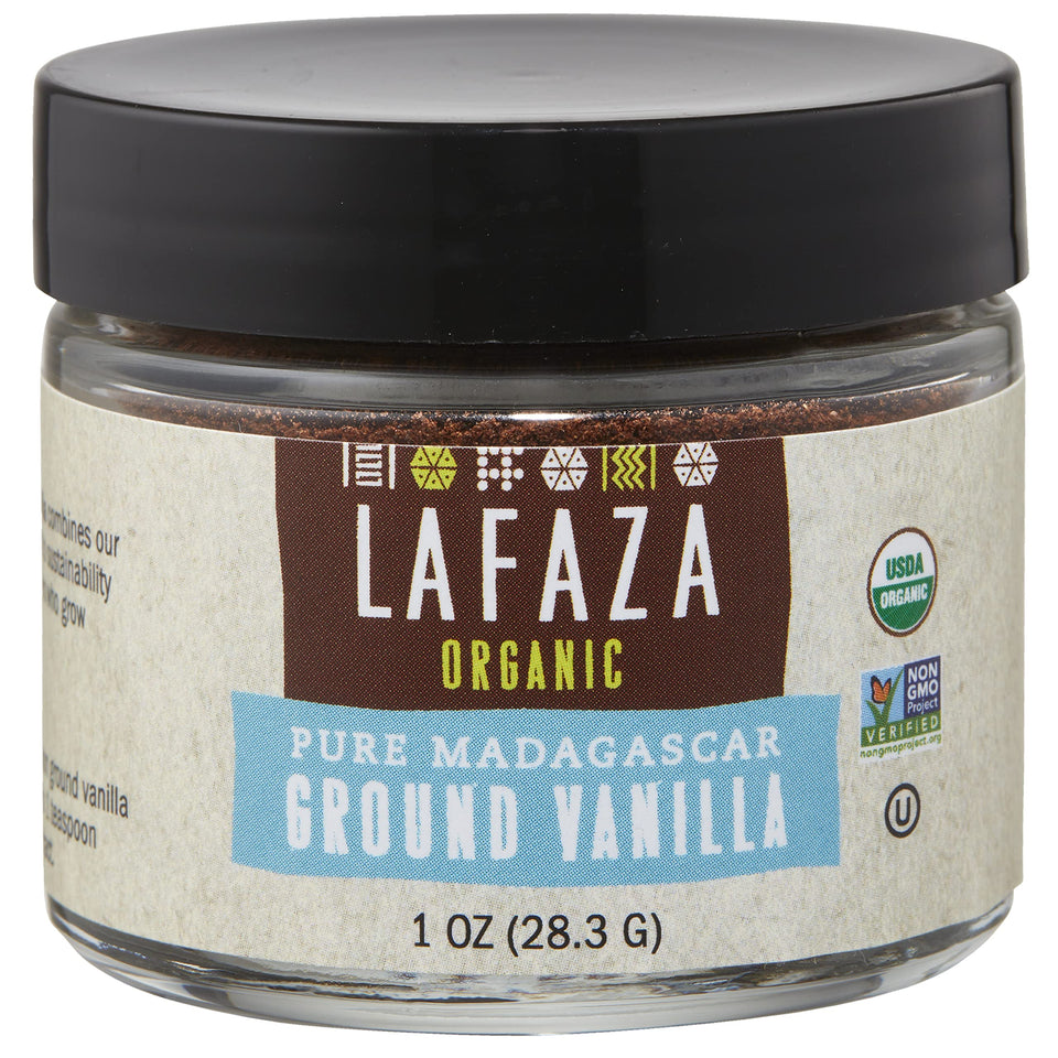 LAFAZA vanilla powder 1oz jar—pure ground vanilla for baking and desserts.