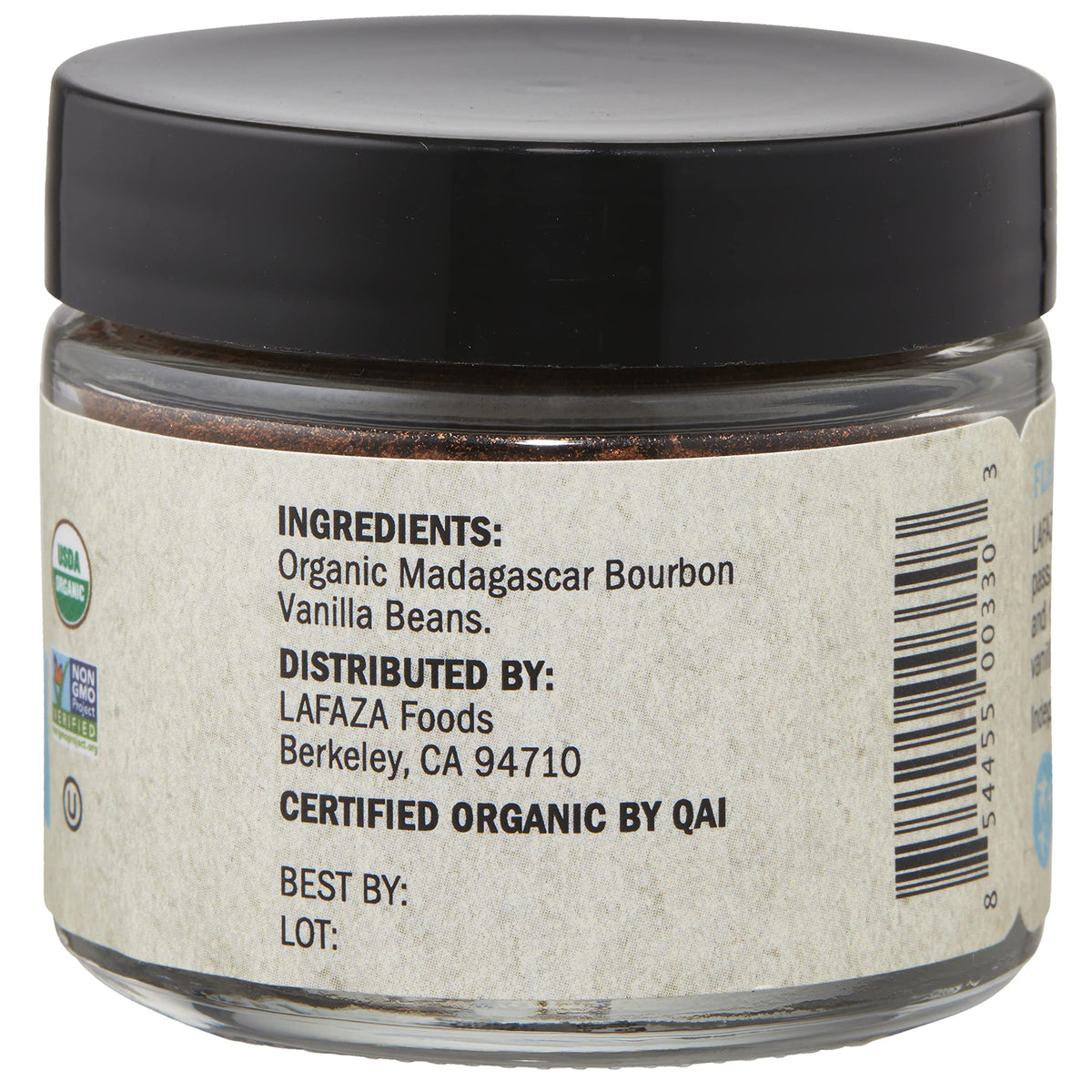 LAFAZA vanilla powder dispensing—convenient pour for quick seasoning.