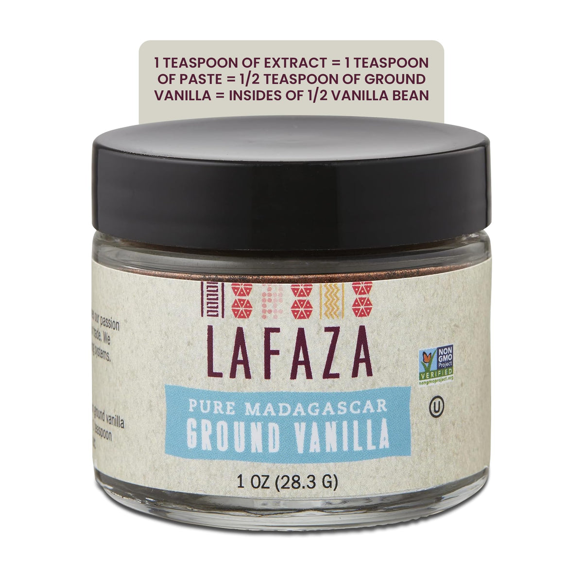 LAFAZA vanilla powder label Organic by QAI—certified quality you can trust.